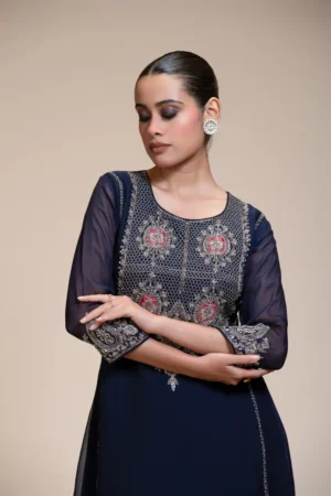Midnight Blue Kurta Sharara Set with Silver Embroidered Bodice