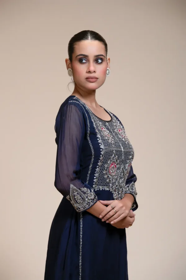 Midnight Blue Kurta Sharara Set with Silver Embroidered Bodice