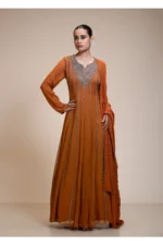 Deep Rustic Orange Anarkali Gown with Silver Embellishment