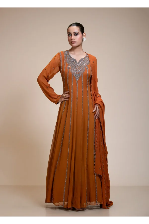 Deep Rustic Orange Anarkali Gown with Silver Embellishment