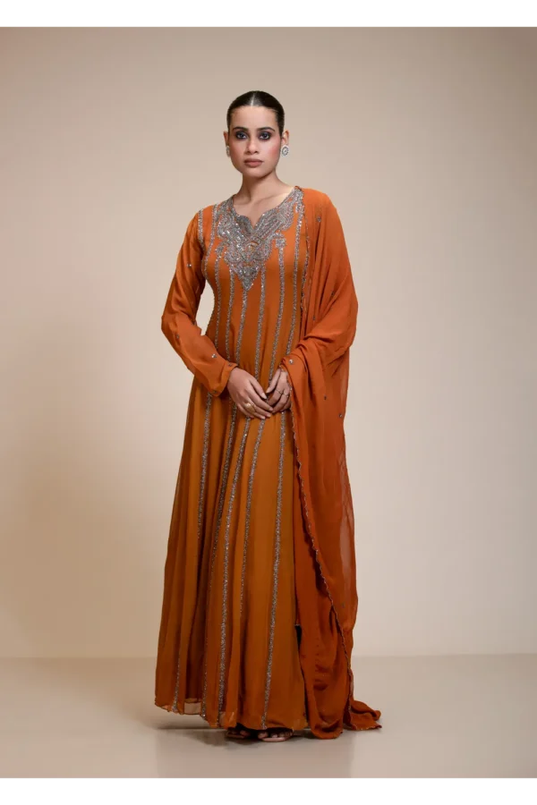 Deep Rustic Orange Anarkali Gown with Silver Embellishment
