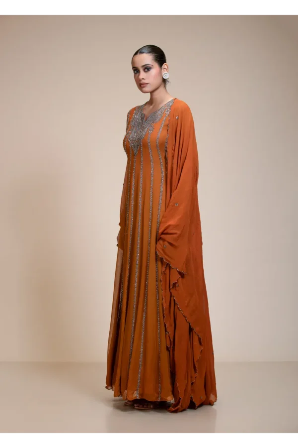 Deep Rustic Orange Anarkali Gown with Silver Embellishment