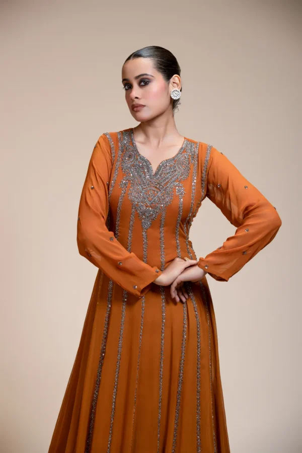 Deep Rustic Orange Anarkali Gown with Silver Embellishment