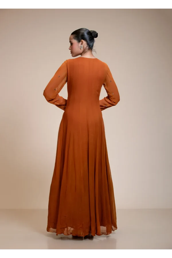 Deep Rustic Orange Anarkali Gown with Silver Embellishment