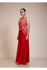 Rust Orange Crop Top Set with Flared Pants and Scalloped Embroidery