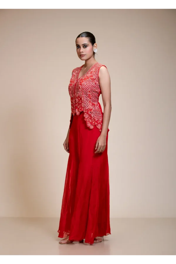 Rust Orange Crop Top Set with Flared Pants and Scalloped Embroidery