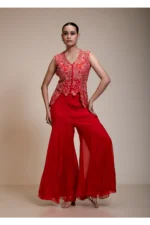 Rust Orange Crop Top Set with Flared Pants and Scalloped Embroidery