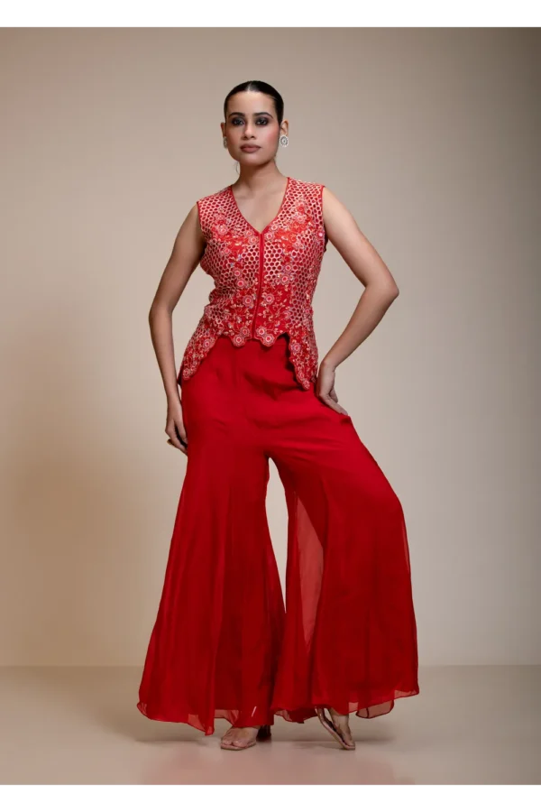 Rust Orange Crop Top Set with Flared Pants and Scalloped Embroidery