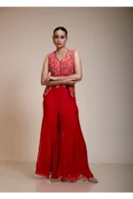 Rust Orange Crop Top Set with Flared Pants and Scalloped Embroidery