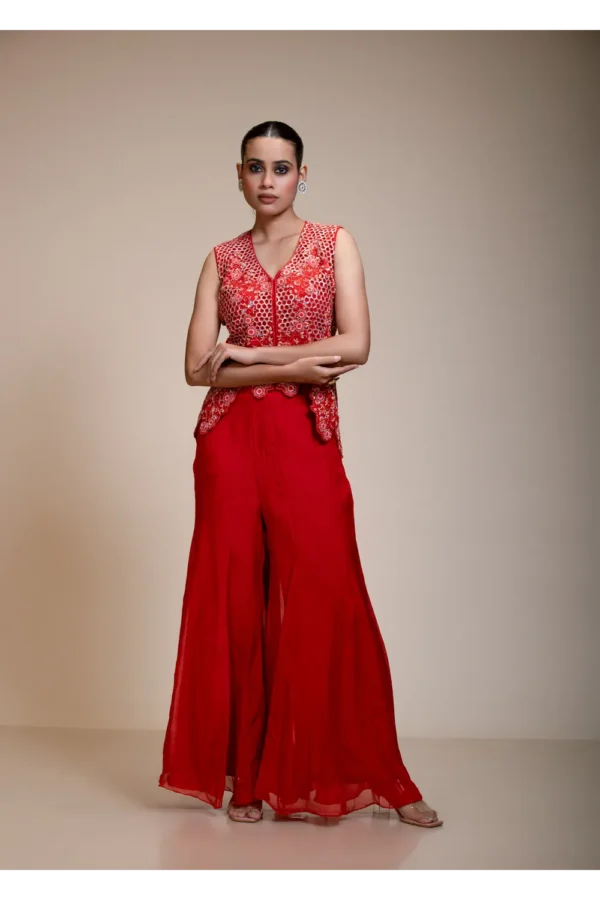 Rust Orange Crop Top Set with Flared Pants and Scalloped Embroidery