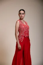 Rust Orange Crop Top Set with Flared Pants and Scalloped Embroidery