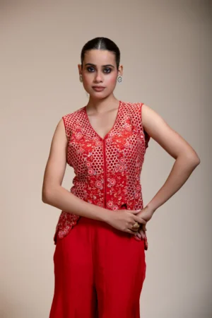 Rust Orange Crop Top Set with Flared Pants and Scalloped Embroidery