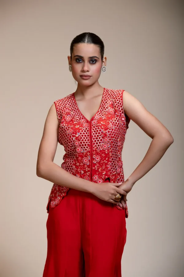 Rust Orange Crop Top Set with Flared Pants and Scalloped Embroidery