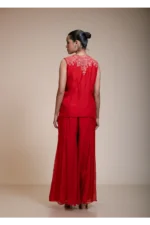 Rust Orange Crop Top Set with Flared Pants and Scalloped Embroidery