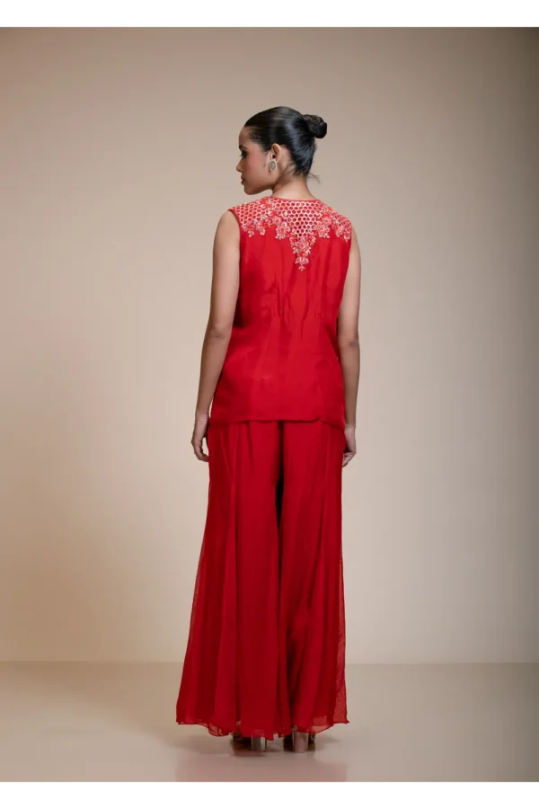 Rust Orange Crop Top Set with Flared Pants and Scalloped Embroidery