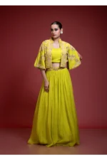 Lime Green Skirt Set With Floral Embroidered Crop Jacket