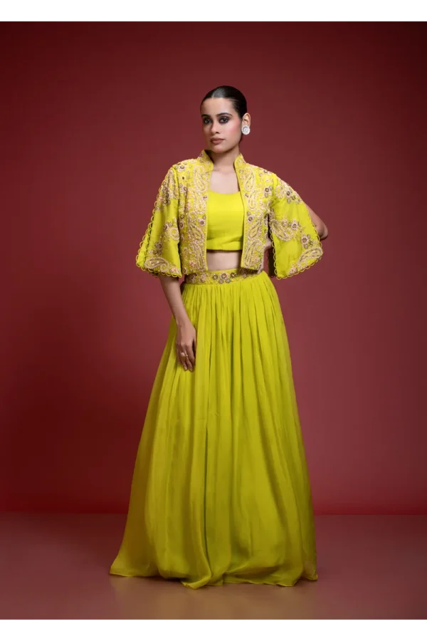 Lime Green Skirt Set With Floral Embroidered Crop Jacket