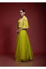 Lime Green Skirt Set With Floral Embroidered Crop Jacket