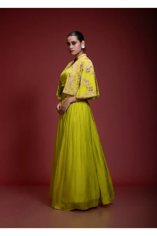 Lime Green Skirt Set With Floral Embroidered Crop Jacket