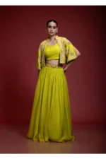 Lime Green Skirt Set With Floral Embroidered Crop Jacket