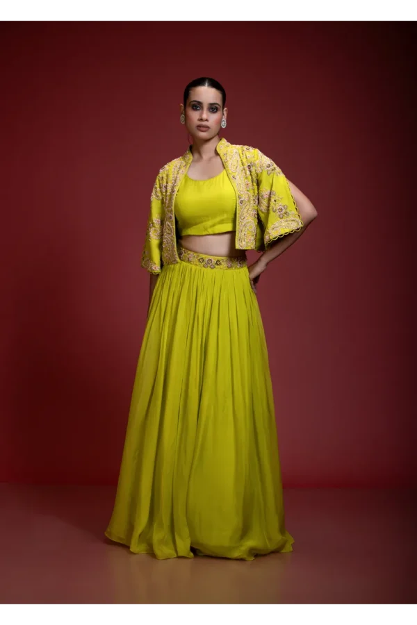 Lime Green Skirt Set With Floral Embroidered Crop Jacket