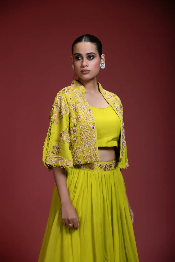 Lime Green Skirt Set With Floral Embroidered Crop Jacket