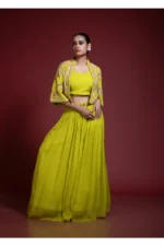 Lime Green Skirt Set With Floral Embroidered Crop Jacket