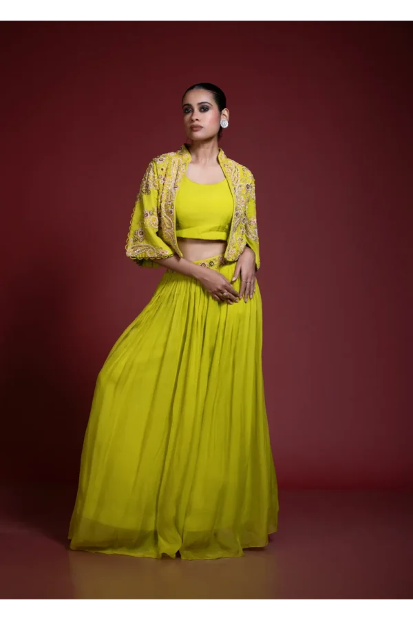 Lime Green Skirt Set With Floral Embroidered Crop Jacket
