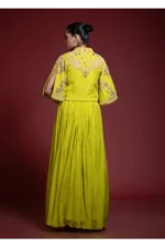 Lime Green Skirt Set With Floral Embroidered Crop Jacket