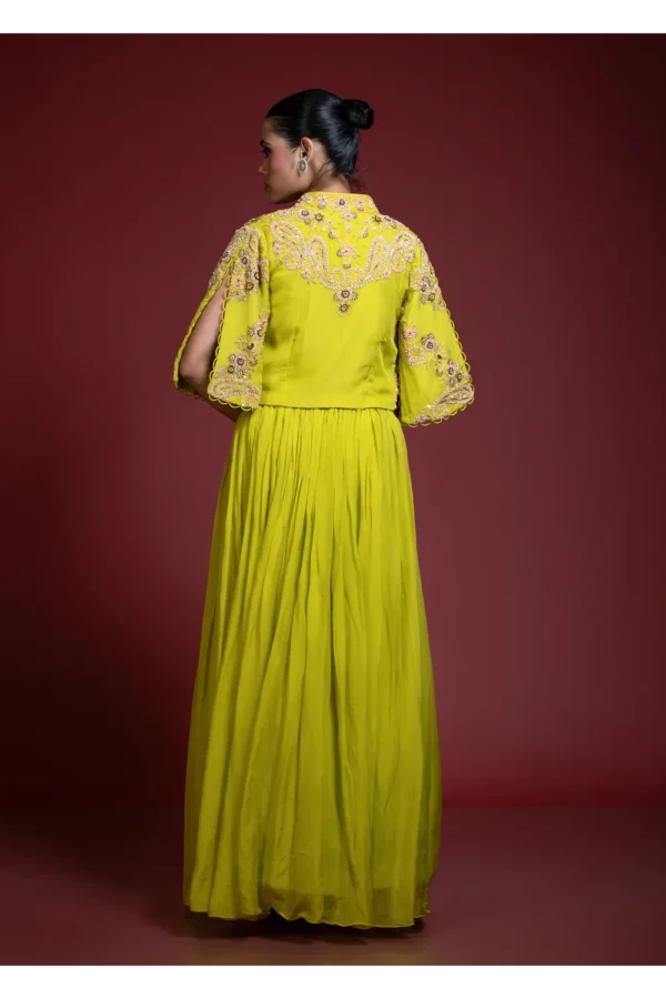 Lime Green Skirt Set With Floral Embroidered Crop Jacket