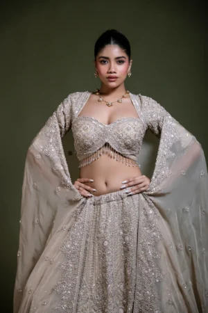 Mocha Embroidered Lehenga Set with Sweetheart Blouse