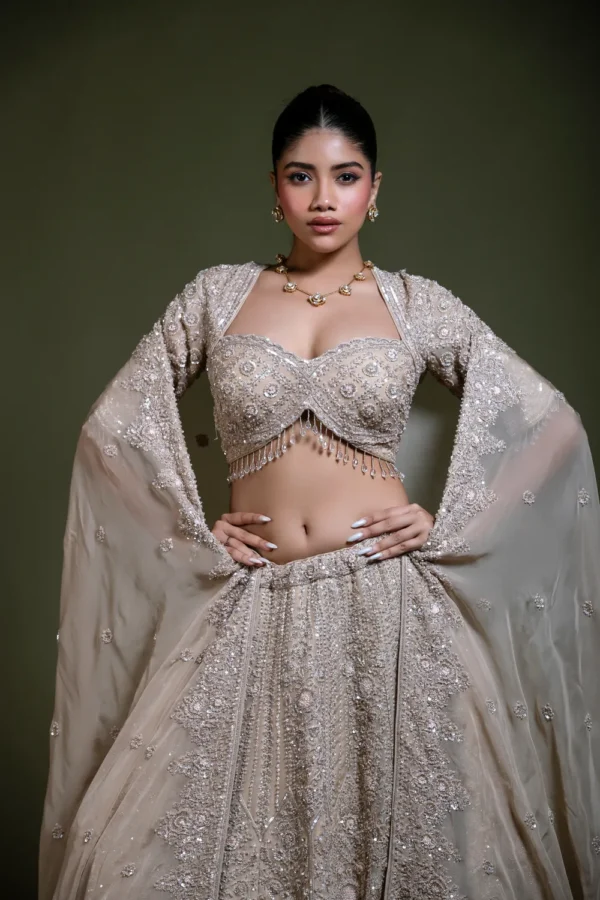 Mocha Embroidered Lehenga Set with Sweetheart Blouse