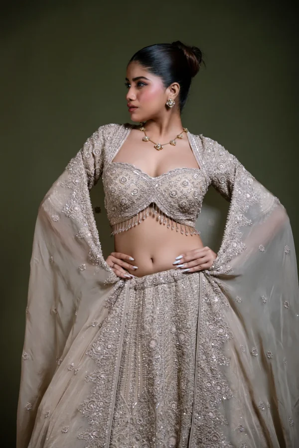 Mocha Embroidered Lehenga Set with Sweetheart Blouse