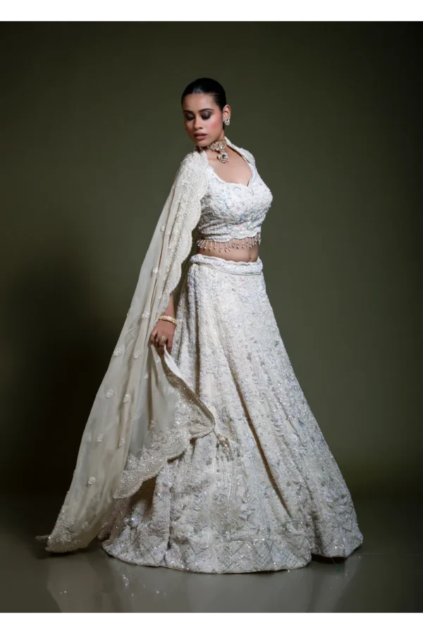 Ivory Heavily Embroidered Lehenga Set with Scalloped Dupatta