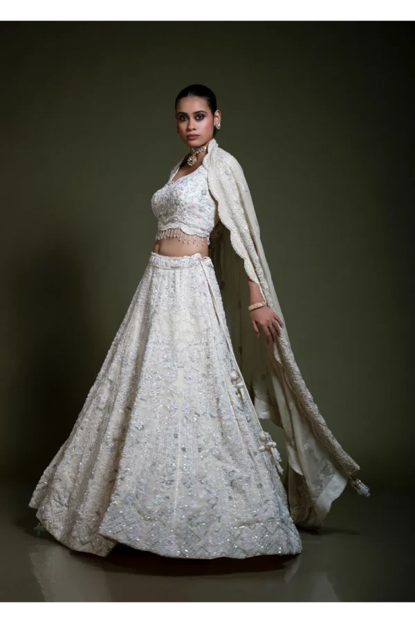 Ivory Heavily Embroidered Lehenga Set with Scalloped Dupatta