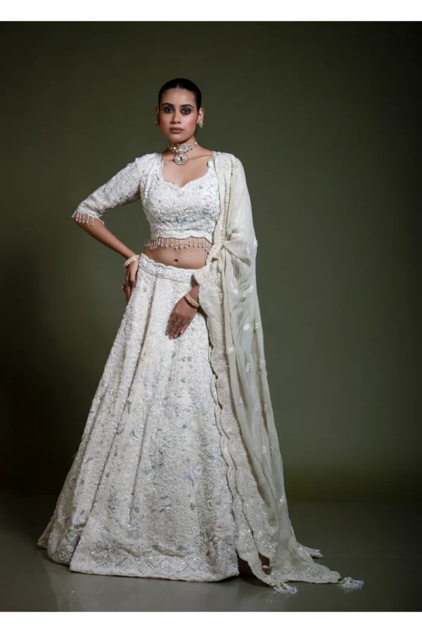 Ivory Heavily Embroidered Lehenga Set with Scalloped Dupatta