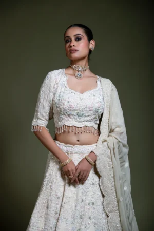 Ivory Heavily Embroidered Lehenga Set with Scalloped Dupatta