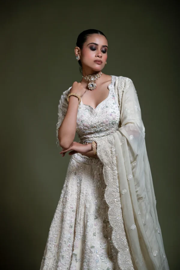 Ivory Heavily Embroidered Lehenga Set with Scalloped Dupatta