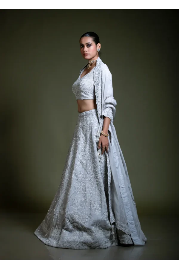 Light Grey Embroidered Lehenga Set with Blouse & Dupatta