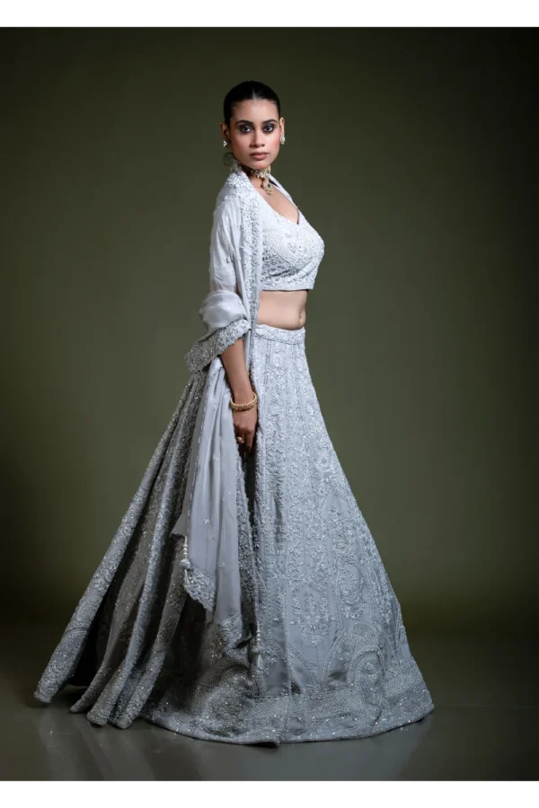 Light Grey Embroidered Lehenga Set with Blouse & Dupatta
