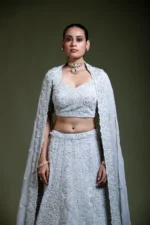 Light Grey Embroidered Lehenga Set with Blouse & Dupatta