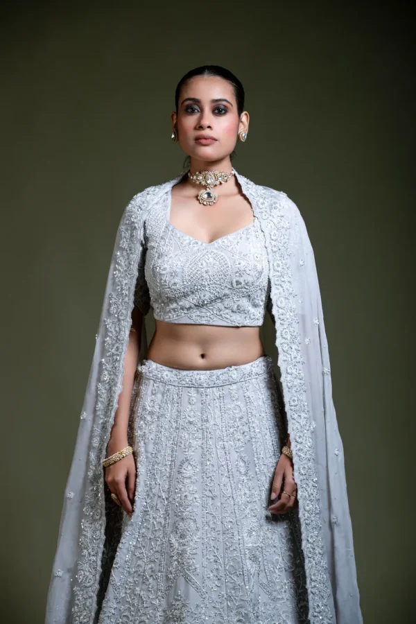 Light Grey Embroidered Lehenga Set with Blouse & Dupatta