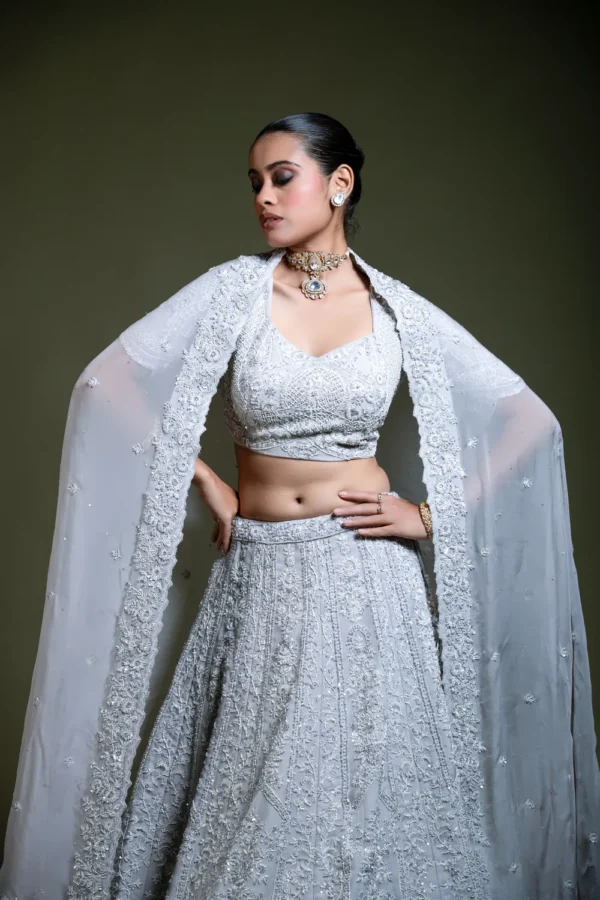 Light Grey Embroidered Lehenga Set with Blouse & Dupatta