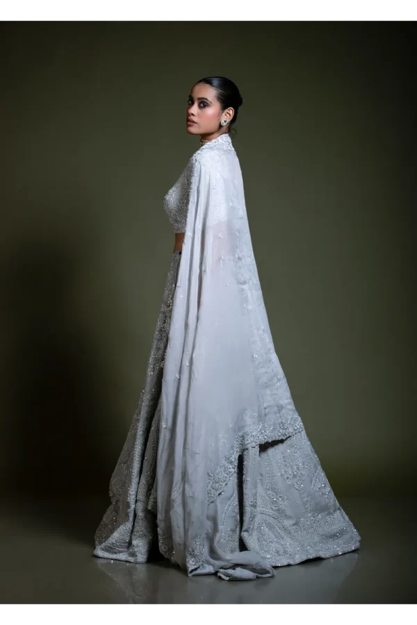 Light Grey Embroidered Lehenga Set with Blouse & Dupatta