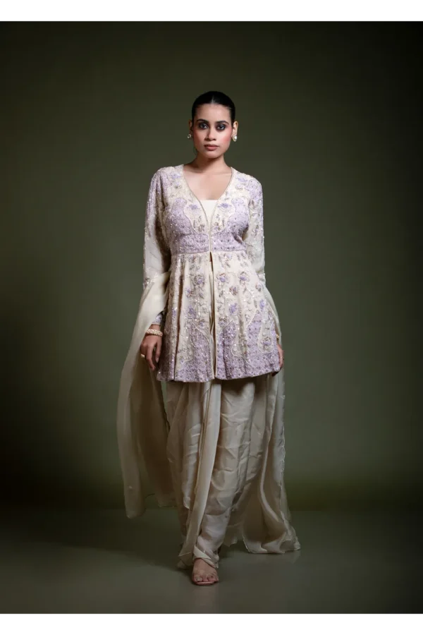 Champagne Peplum Dhoti Set with Embroidered Dupatta