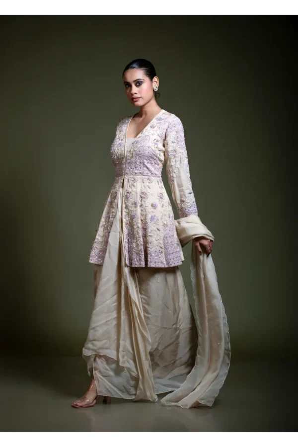 Champagne Peplum Dhoti Set with Embroidered Dupatta