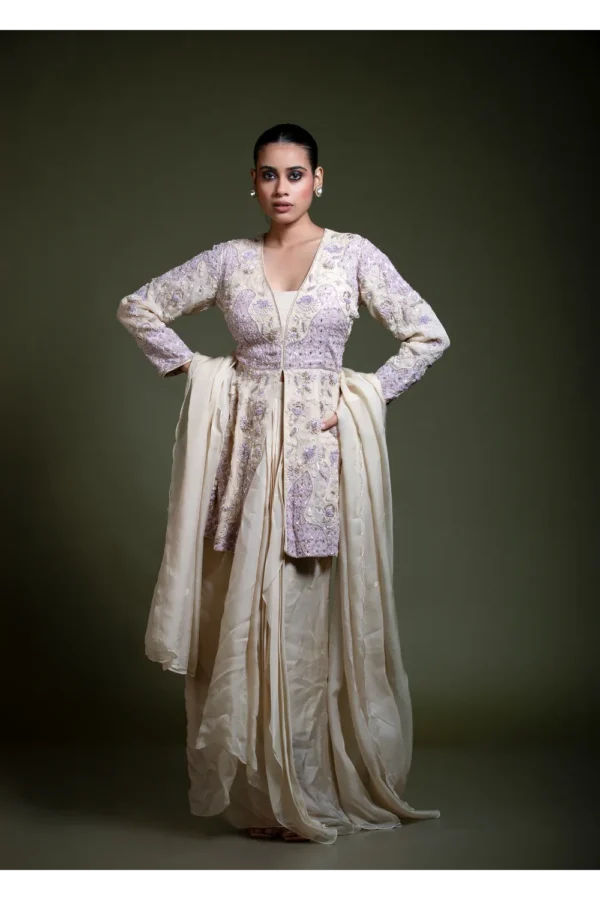 Champagne Peplum Dhoti Set with Embroidered Dupatta