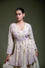 Champagne Peplum Dhoti Set with Embroidered Dupatta