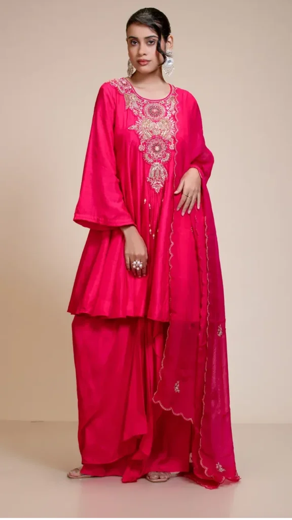 Rani Pink Short Anarkali Set with Dhoti and Dupatta