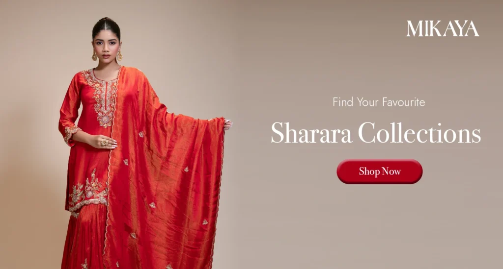 Browse designer Sharara sets for women featuring embroidered kurtas, flared shararas, and matching dupattas for festive and wedding occasions.